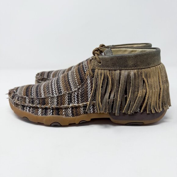 Twisted X Brown Stripe Moccasin Booties with Fringe Women's Size 8.5 EUC Lace Up - Picture 3 of 9